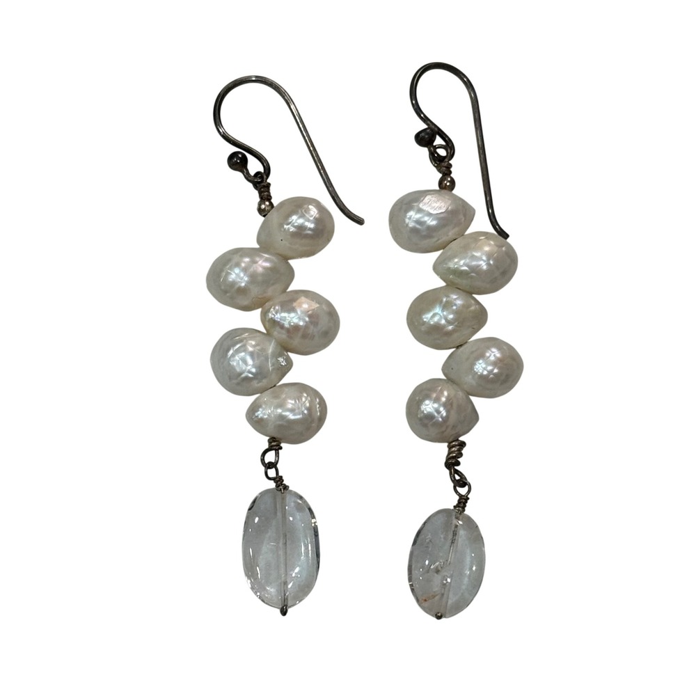 Freshwater Pearl Drop Earrings White Sterling Silver Quartz Dangle Coastal Beach